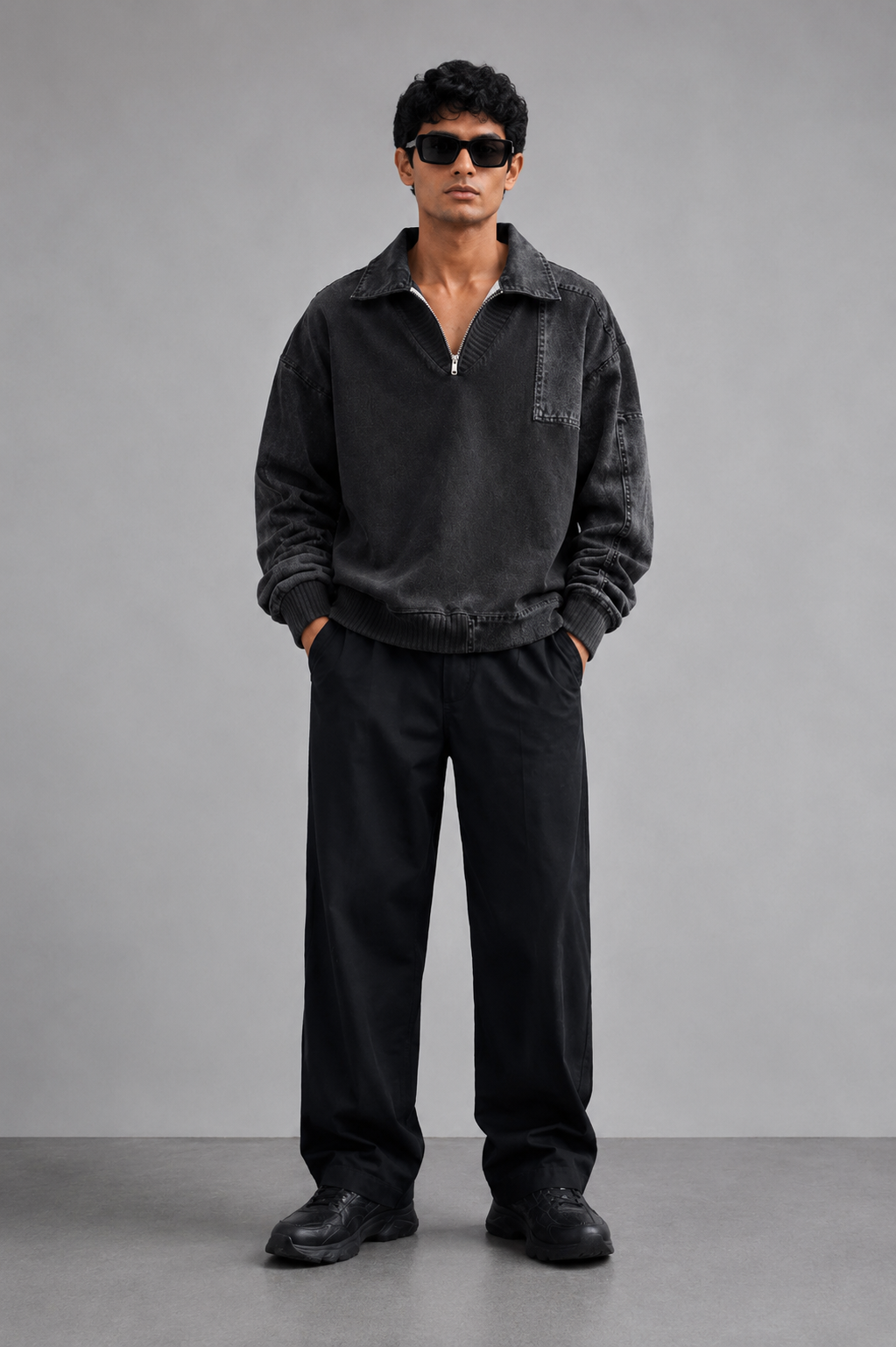 Midnight Washed Quarter-Zip Oversized Sweatshirt