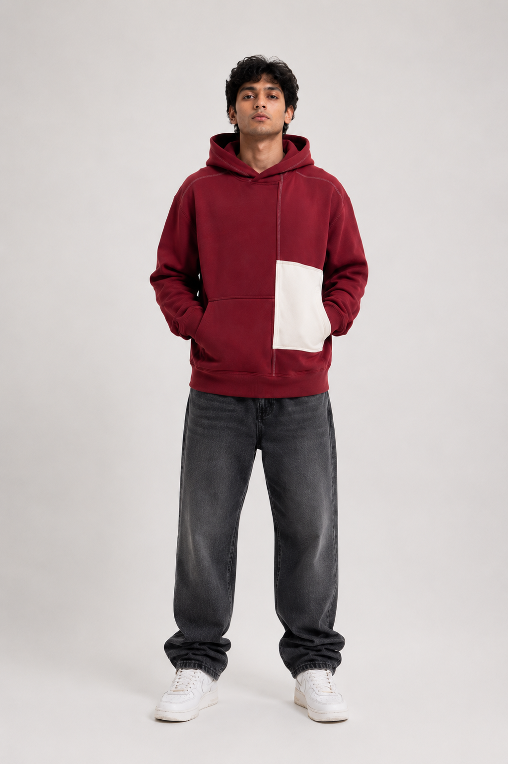 Men’s Burgundy Oversized Contrast Pocket Hoodie